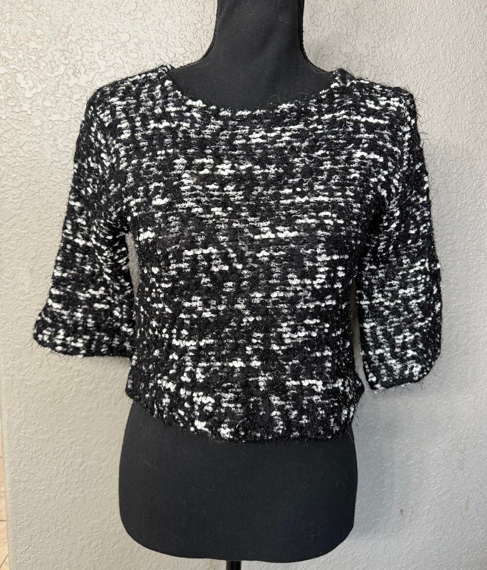 Vince Camuto Womens Sz XS Petite Black White Metallic Knit Cropped Sweater